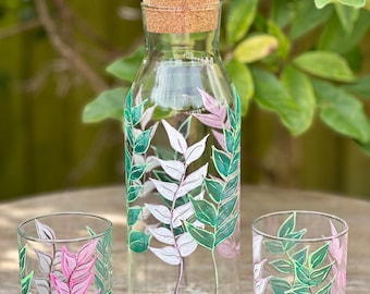 Hand Painted Carafe and Glasses Set in Pink, White and Green Foliage Design