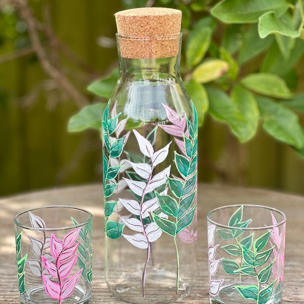 Hand Painted Carafe and Glasses Set in Pink, White and Green Foliage Design