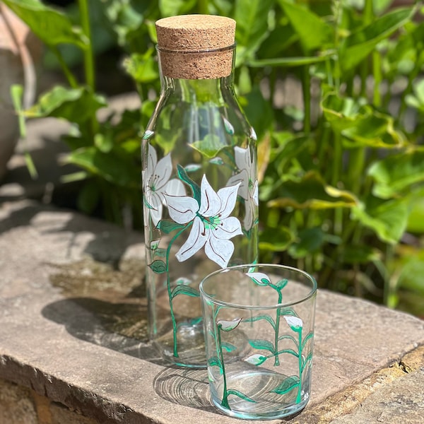 Hand Painted Carafe and Glass Set in Lily Design