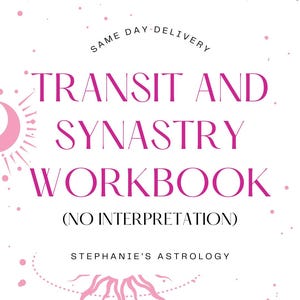 Op de afbeelding: Een roze en wit digitaal downloadbaar werkboek met de titel "Transit and Synastry Workbook (No Interpretation)" en de tekst "Stephanie's Astrology" onder de titel.