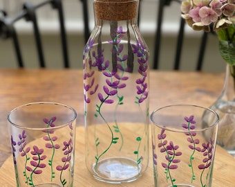 Hand Painted Carafe and Highball Glasses Set in Lavender Design