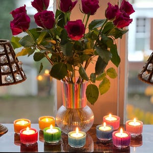 Set of Hand Painted Rainbow Vase and Rainbow Tealight Holders