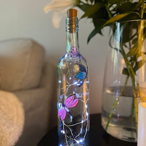 Dragonfly Light Up Bottle, Hand Painted, Up-cycled Home Decor, Painted vase, Personalised Gift
