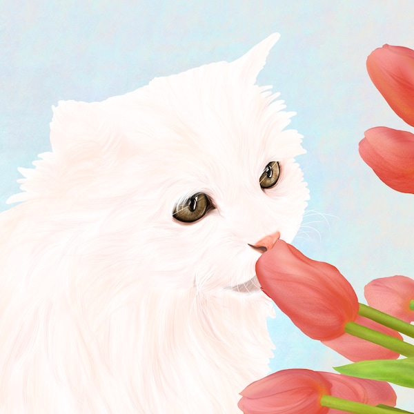 Cat Smelling Flowers, Animals And Flowers, Bright, Home Decor, Home Deco, Beautiful, Atmospheric, digital painting, fineart
