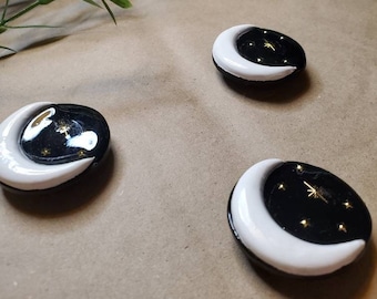 Crescent Moon Magnets | Handmade Night Sky Magnets | Polymer Clay Magnets | Celestial Inspired Clay Art | Magnets for Office & Fridge |