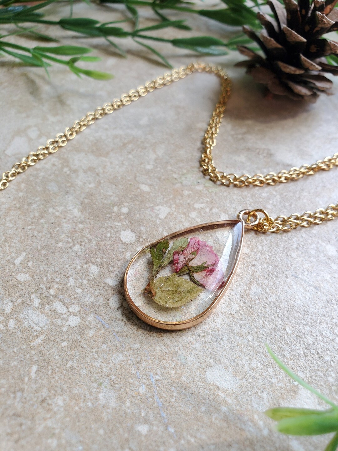 Pressed Roses Gold Pendant Pressed Flowers Necklace Resin Pressed