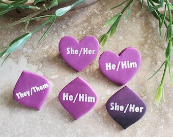 Purple Shimmery Pronouns Pin | Handmade Pronouns Pin | Polymer Clay Pin | Pin for Pronouns | Some Proceeds Are Donated! | LGBTQIA+ Pins