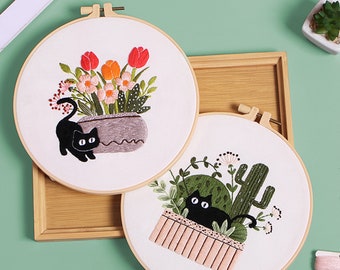 Cat Embroidery Kit beginner, Beginner Embroidery kit, Modern embroidery kit cross stitch, Hand Embroidery Kit, Needlepoint, DIY Craft Kit