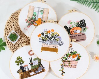 Katzen-Stickset für Anfänger, florales, modernes Pflanzen-Handstickset mit Muster, komplettes Kit mit Nadelspitzen-Reifen, DIY-Bastelset