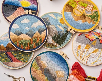 Kit de broderie à la main de paysage de prairie, motif de broderie de paysage bricolage, kit de démarrage de broderie de chaîne de montagnes, kit de broderie Crewel moderne - 8 pouces