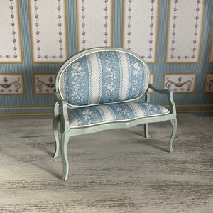 Miniature Blue French Sofa Dollhouse Furniture. 1:12 Scale