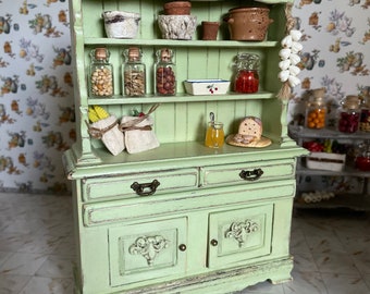 Miniature Dollhouse Kitchen. Green Cupboard Hand Painted 1/12 Scale . Dollhouse Shabby Vintage Wooden.