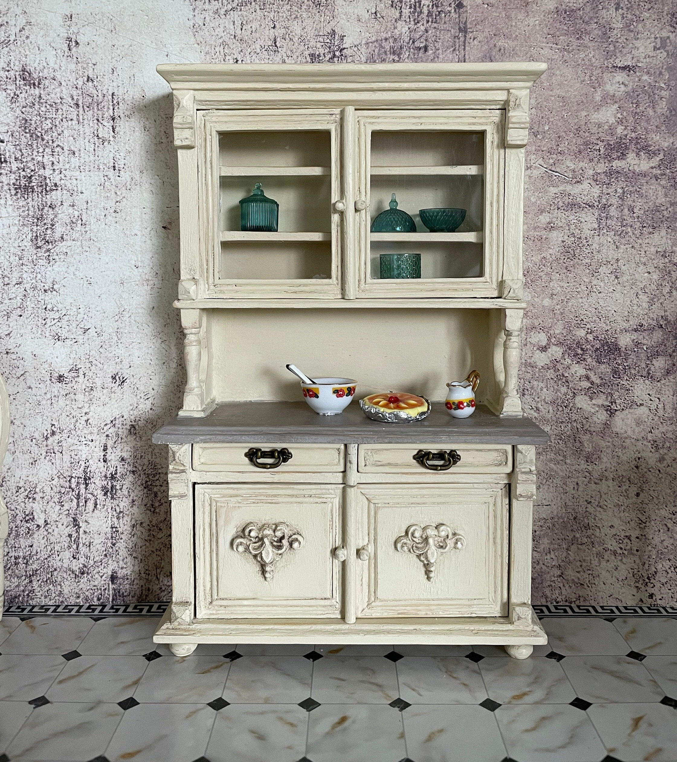 Miniature Dolls House Kitchen . Cupboard Hand Painted 1/12 Scale . Dollhouse Shabby Vintage Wooden