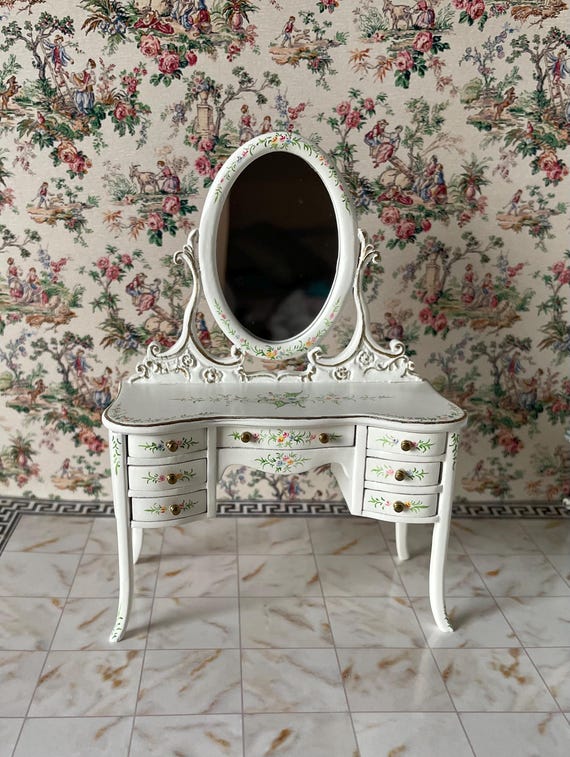 Dollhouse Vanity Table Miniature French Furniture of the Louis XVI Dollhouse Furniture 1 12 Scale Vanity Table With Stool Etsy Canada