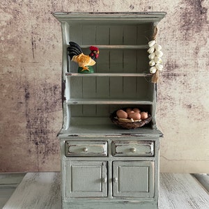 Miniature Dollhouse Kitchen with Decor  . Hand Painted . 1:12 Scale . Miniature French Provincial Furniture Country Shabby Chic