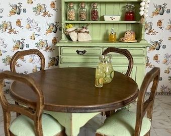 Dollhouse Miniature Green Dining Table and Chairs , Hand Painted , 1/12 Scale . Dollhouse Furniture .