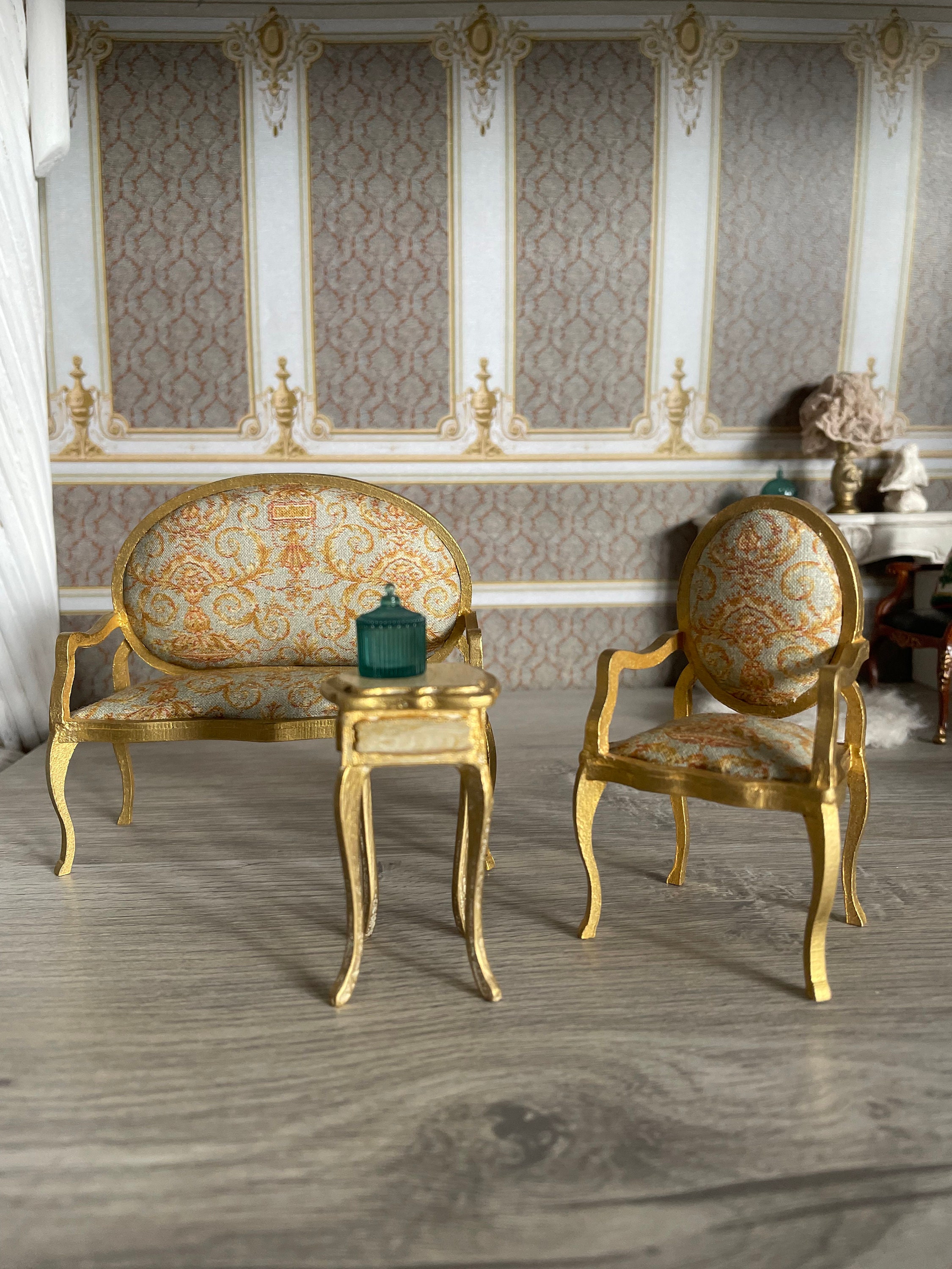 4 Chaises Dorées à L'or Fin Pour Maison De Poupée - Vintage, Velours, 6,2 Cm