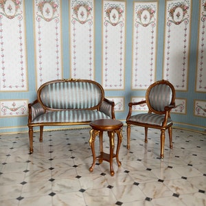 Miniatur Blaues französisches Sofa , Stuhl des Louis XVI. Puppenhaus Möbel 1:12 Maßstab