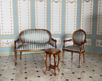 Miniature Blue French Chair of the Louis XVI. Dollhouse Furniture 1:12 Scale