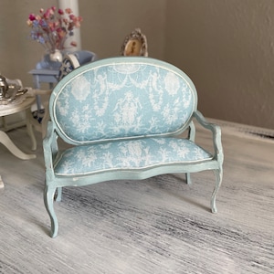 Miniature Pastel Blue Shabby Chic Sofa . French Dollhouse Furniture . Scale 1:12