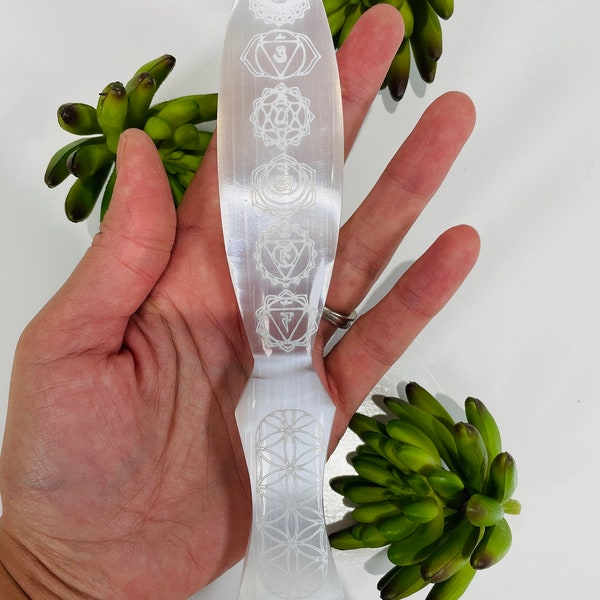Selenite Crystal Knife 8", Engraved 7 Chakra Signs Selenite Dagger, Saber Selenite Stick, Crystal Charging Plate Bar Metaphysical Home Decor