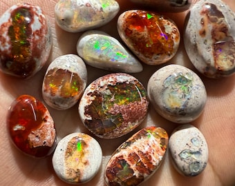 May include: A selection of polished opals in diverse forms and dimensions. The opals exhibit a spectrum of hues, such as red, orange, green, and iridescent flashes. Some opals feature a white or brown matrix, while others are more transparent.