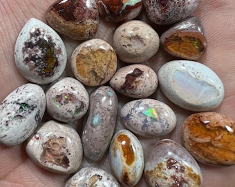 May include: A collection of 15 smooth, polished, natural opal stones in various shades of brown, white, and grey with iridescent flashes of colour. The stones are tumbled and have a natural, organic look.