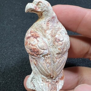 May include: A small, white, carved stone sculpture of an eagle with brown markings. The eagle is perched with its wings folded.