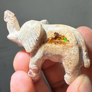 May include: A small, carved elephant figurine in shades of beige and brown. The stone elephant has a detailed trunk, ears, and legs. A section of the elephant's side reveals a colorful, iridescent pattern with hints of green and orange.