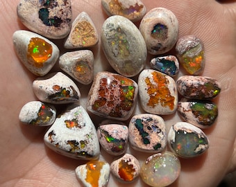 May include: A collection of over 20 small, natural opal gemstones in various shapes and sizes. The opals are a mix of white, brown, and iridescent colours.