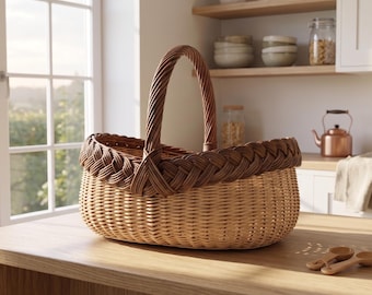 Cesta de vime trançada à mão, cesta rústica para pão, decoração de fazenda.