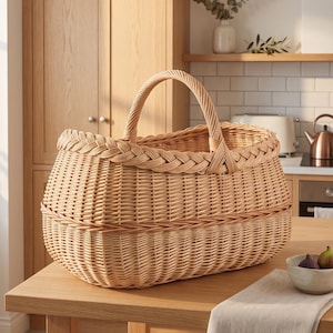 Op de afbeelding: Een grote, geweven rieten mand met een handvat. De mand is lichtbruin en staat op een houten tafel. De mand heeft een gevlochten rand en een geweven lichaam. De achtergrond toont een keuken met houten kasten.