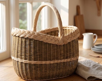 May include: A woven basket with a braided rim and handle. The basket is olive green with a natural-colored braided trim and handle. The basket is sitting on a wooden surface near a window.