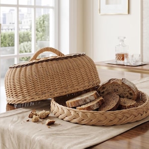 May include: A light brown wicker bread basket with a lid and a round serving basket. The baskets contain sliced bread. The lid has a handle. The baskets are on a table with a beige tablecloth.