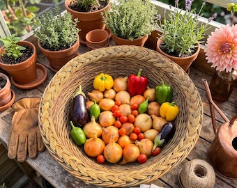 Cesto grande de vime – Cesta rústica tecida à mão para armazenar vegetais e decorar a casa.
