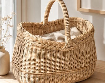 Cesta de mercado de vime trançado à mão – Bolsa para um estilo de vida tranquilo, decoração rústica de fazenda, cesta de piquenique ou para pão.