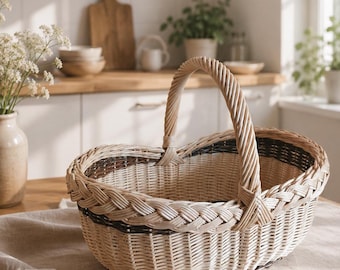 Cesta de vime trançada à mão com alça – Centro de mesa rústico grande, decoração estilo casa de campo francesa.