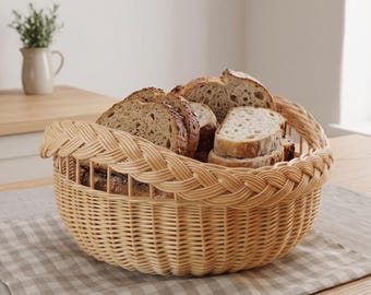 Cesta de frutas de vime trançado à mão, decoração rústica de cozinha em estilo escandinavo.
