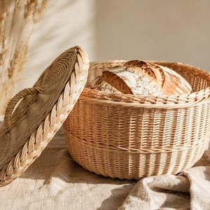 May include: A round, woven wicker bread basket with a lid, partially open to reveal sliced bread. The basket is light brown and sits on a neutral-colored cloth. The lid has a woven handle.