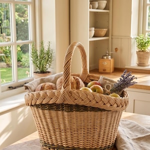 May include: A woven wicker basket with a braided handle, filled with loaves of bread, apples, and a bundle of lavender. The basket has a green accent band and sits on a wooden surface near a window.