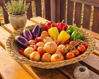 Cesto grande de vime trançado à mão – Bandeja rústica de vime para armazenar vegetais, utensílios de cozinha e decoração de casa.