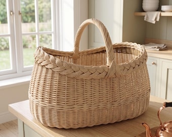 Handwoven Willow Market Basket – Rustic Farmhouse Tote for Bread, Storage & Decor