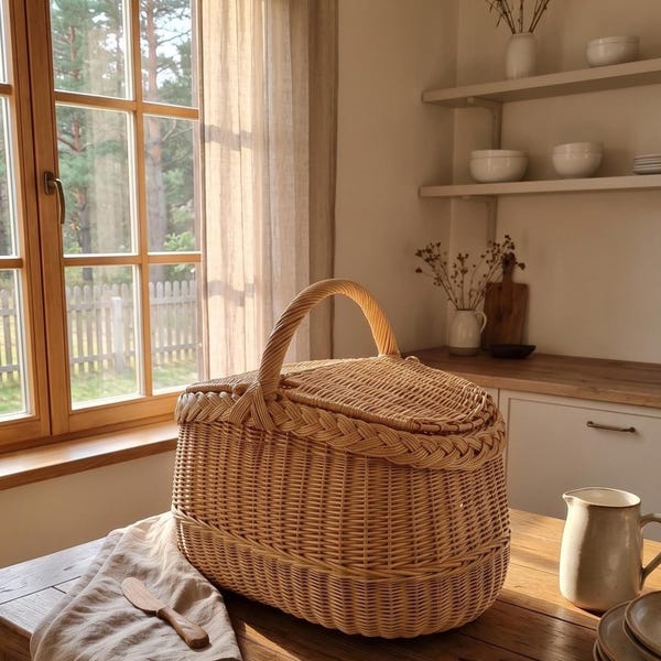 Handwoven Willow Picnic Basket with Lid – Rustic Farmhouse Storage Market Basket