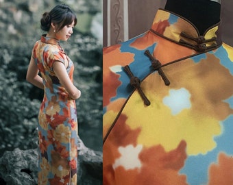 Cheongsam Dress (1940s) | Floral print chiffon with cotton lining [ Lust Caution 色戒 | Historical 月份牌 inspiration ] orange yellow blue | 真開襟