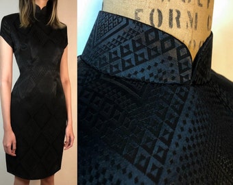 1960s Hong Kong style Little Black CheongSam Dress [Tailor-Made] | Black geometric Jacquard Tri-Acetate satin LBD