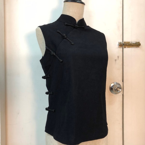 Mandarin Top | Black cotton linen | sleeveless vest with knot buttons | also in Pink / Plaid