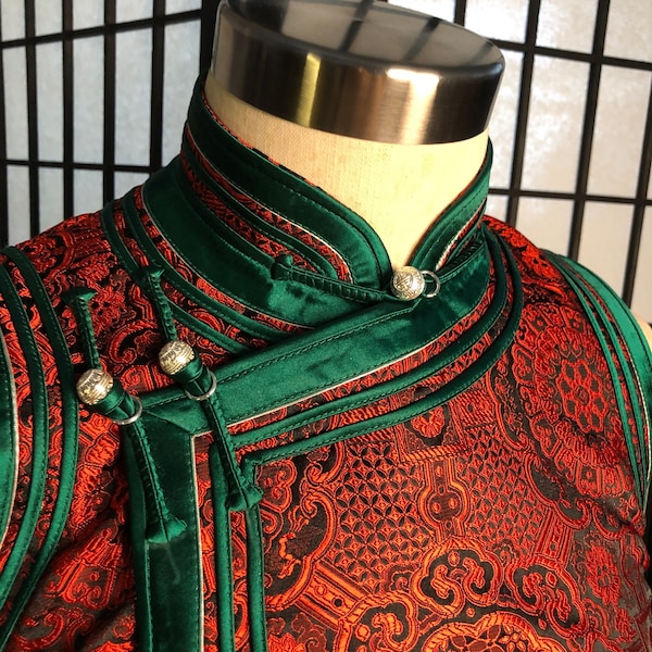 Mongolian Vest [Tailor-Made] | Red jacquard brocade Green triple binding | Embellish Top