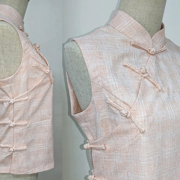 Mandarin Top | coral pastel soft Plaid | sleeveless with knot buttons | also in Pink / Black cotton linen