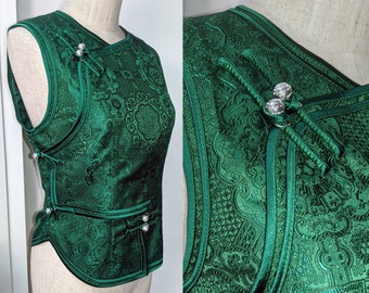 Mongolian Vest [Tailor-Made] | Green Jacquard brocade Satin double binding | Embellish Top