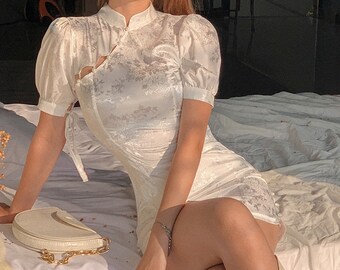 Short Cheongsam Mini Dress | White brocade Satin with pearl buttons | Ribbon bow on princess puff sleeves modern qipao